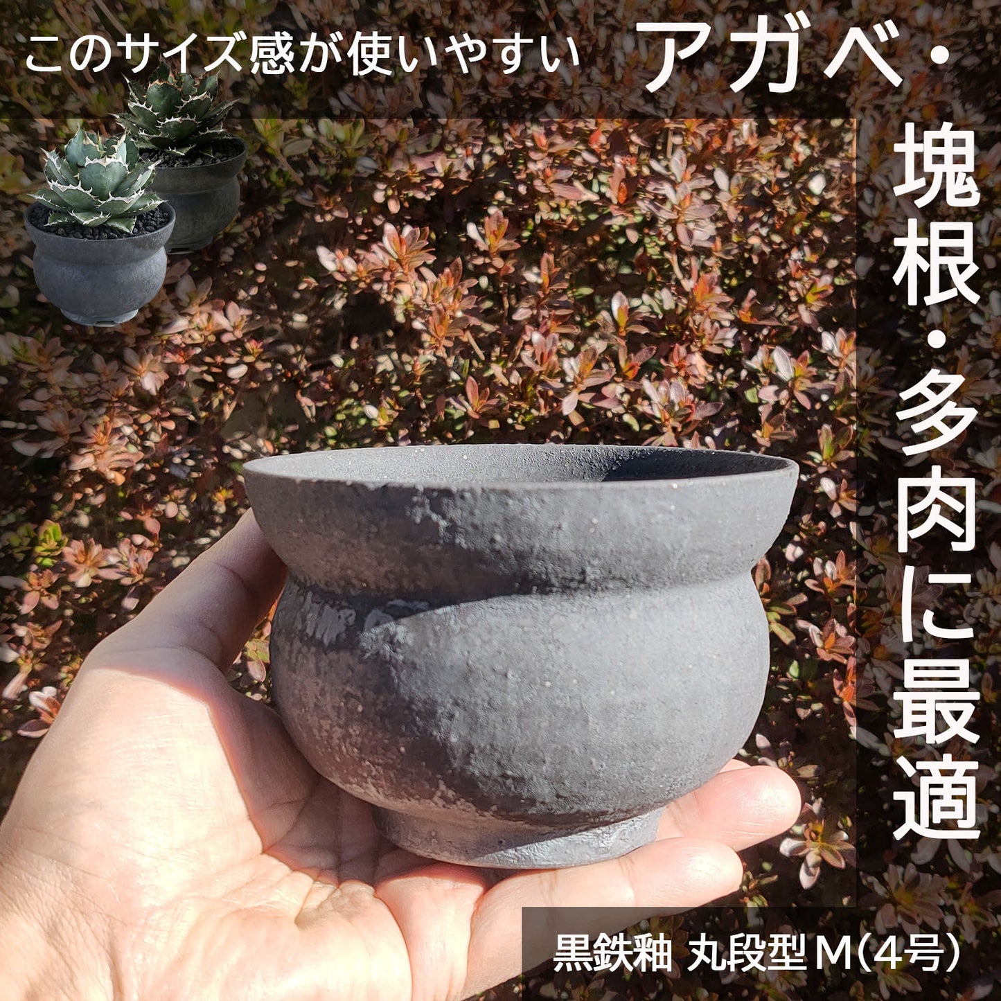 信楽焼 陶器鉢 丸段型 M 3-4号 黒鉄釉 約12センチ